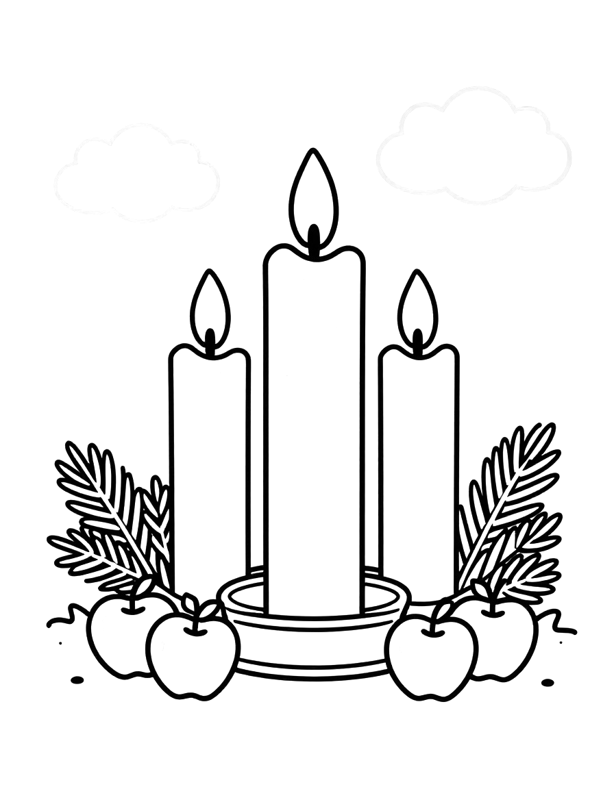 Fargeleggingsark av en adventsstake med fire tente lys, grangreiner og små epler rundt foten.