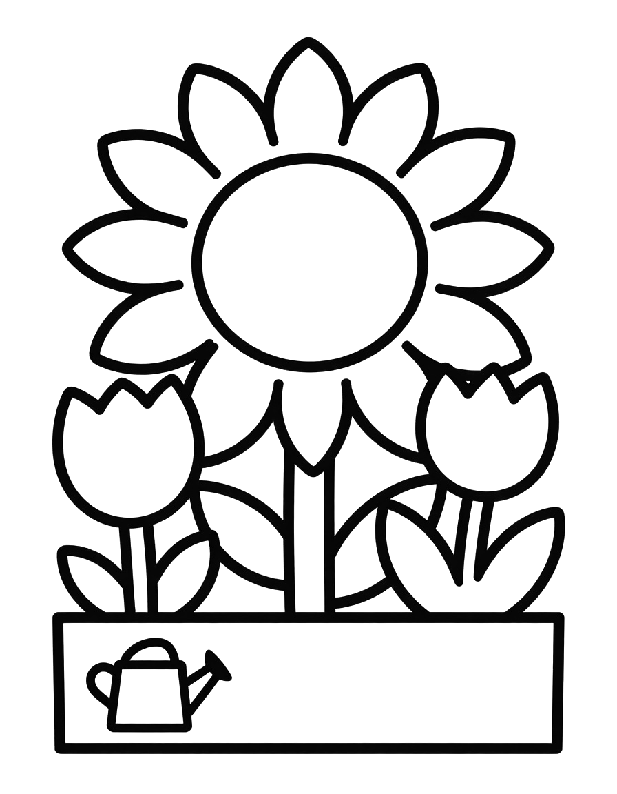 Fargeleggingsark med en stor solsikke, to tulipaner og prestekrager i et blomsterbed, med en vannkanne og en sommerfugl.