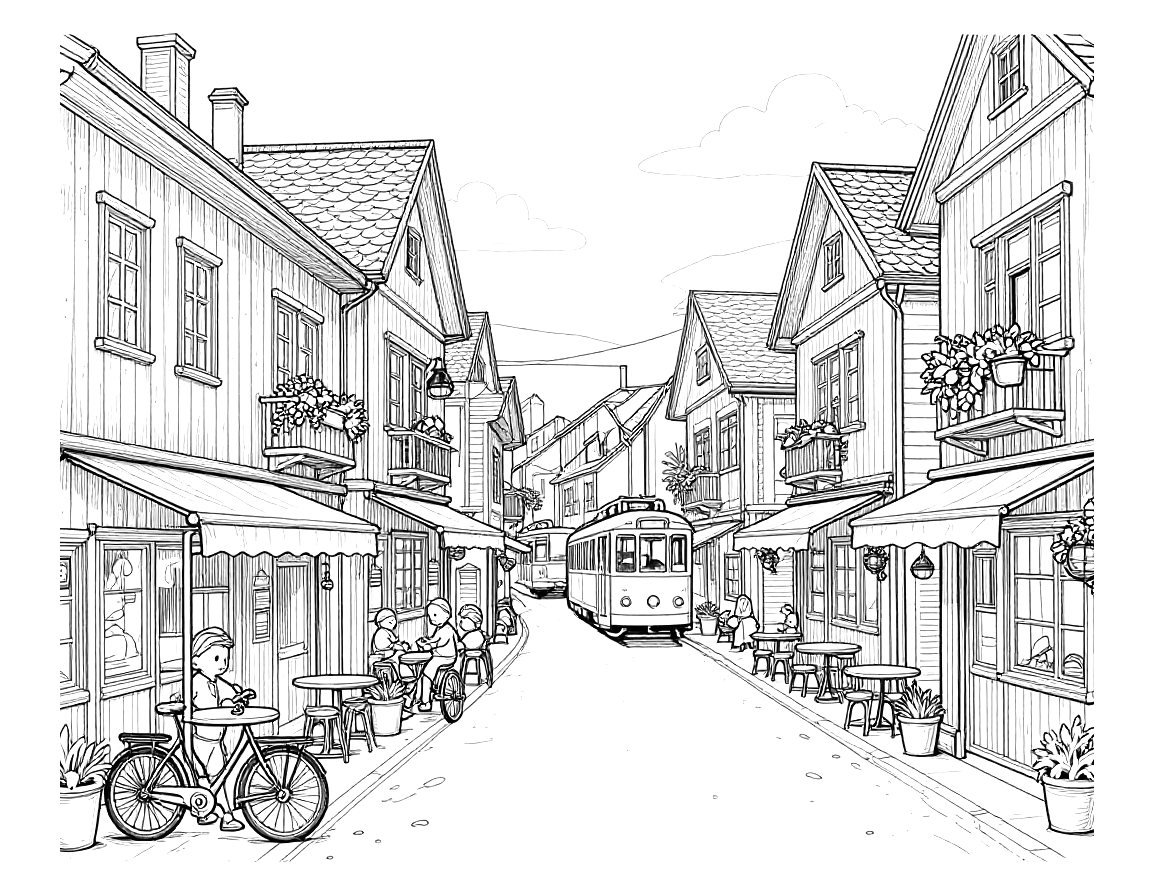 Fargeleggingsark med en detaljert gatescene med trehus, kafeer, sykler, hengende planter og en trikk midt i gaten.