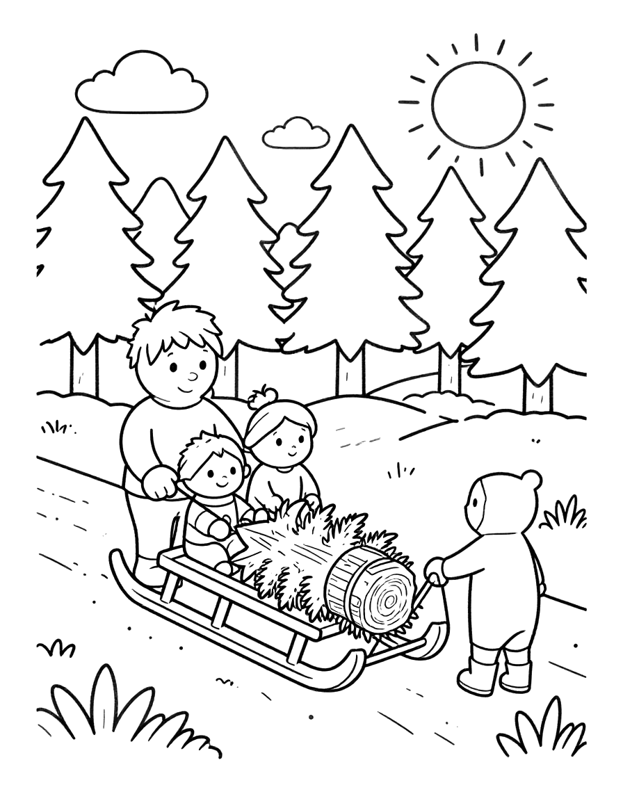 Fargeleggingsark med en familie som drar et nyhogd grantre på slede gjennom en snødekt skog.