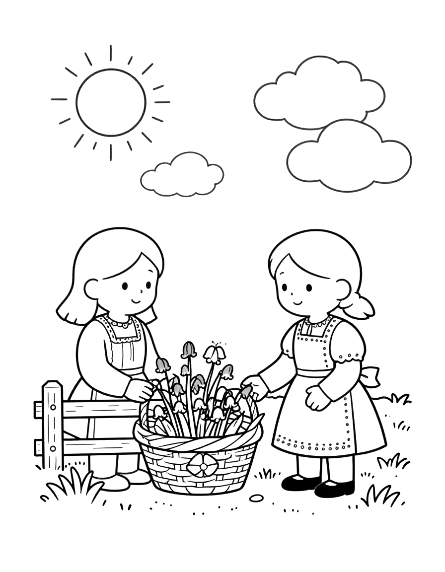 Fargeleggingsark med to jenter i bunad som plukker blomster i en kurv ved et gjerde, med sol og skyer over.