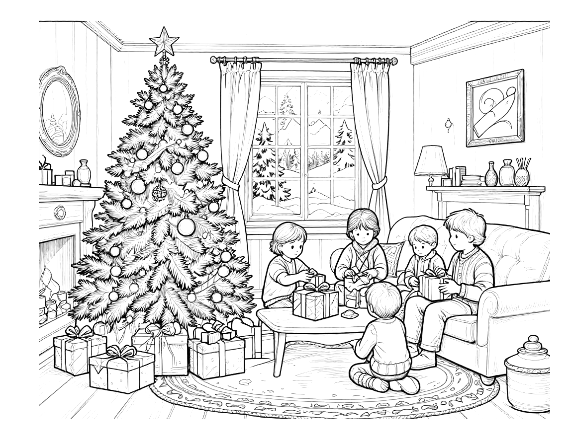 Fargeleggingsark av en koselig norsk stue med juletre, peis, snødekte vinduer og en familie som åpner julegaver.