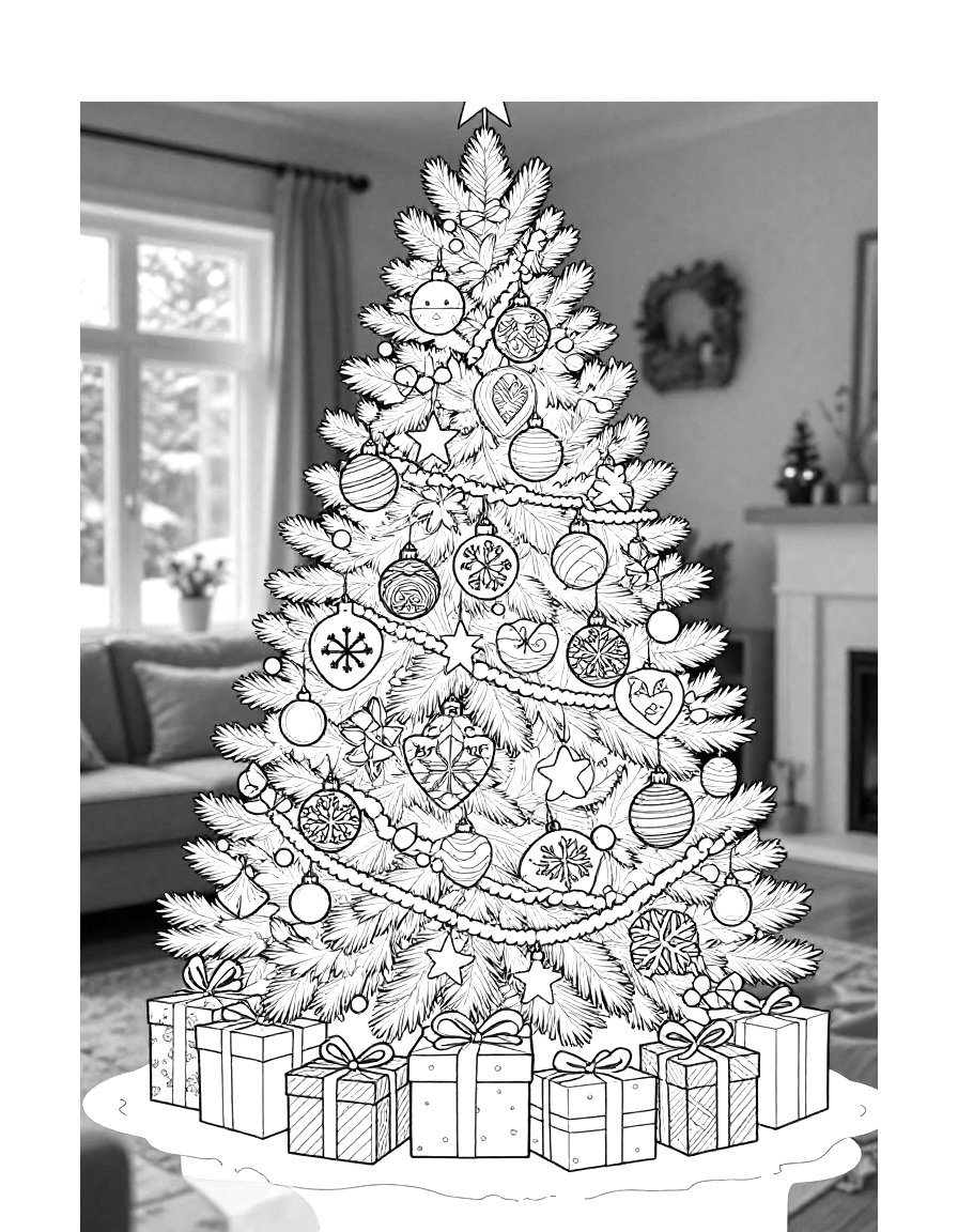 Fargeleggingsark med et detaljert juletre fullt av julekuler, hjerter og girlandere, med gaver under og et snødekt vindu i bakgrunnen.