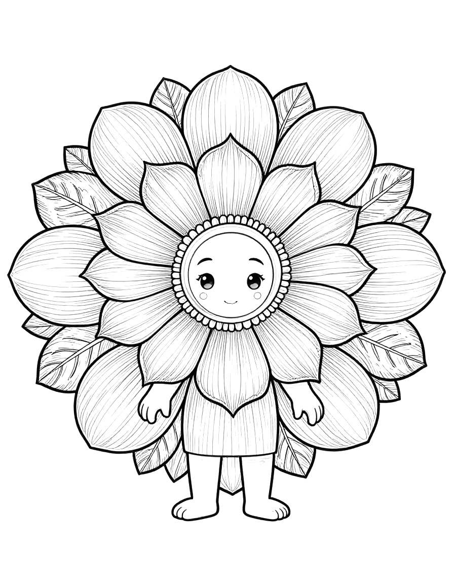 Fargeleggingsark med en rund mandala der en søt figur med ansikt og små hender står omgitt av store blomsterblad og blader.