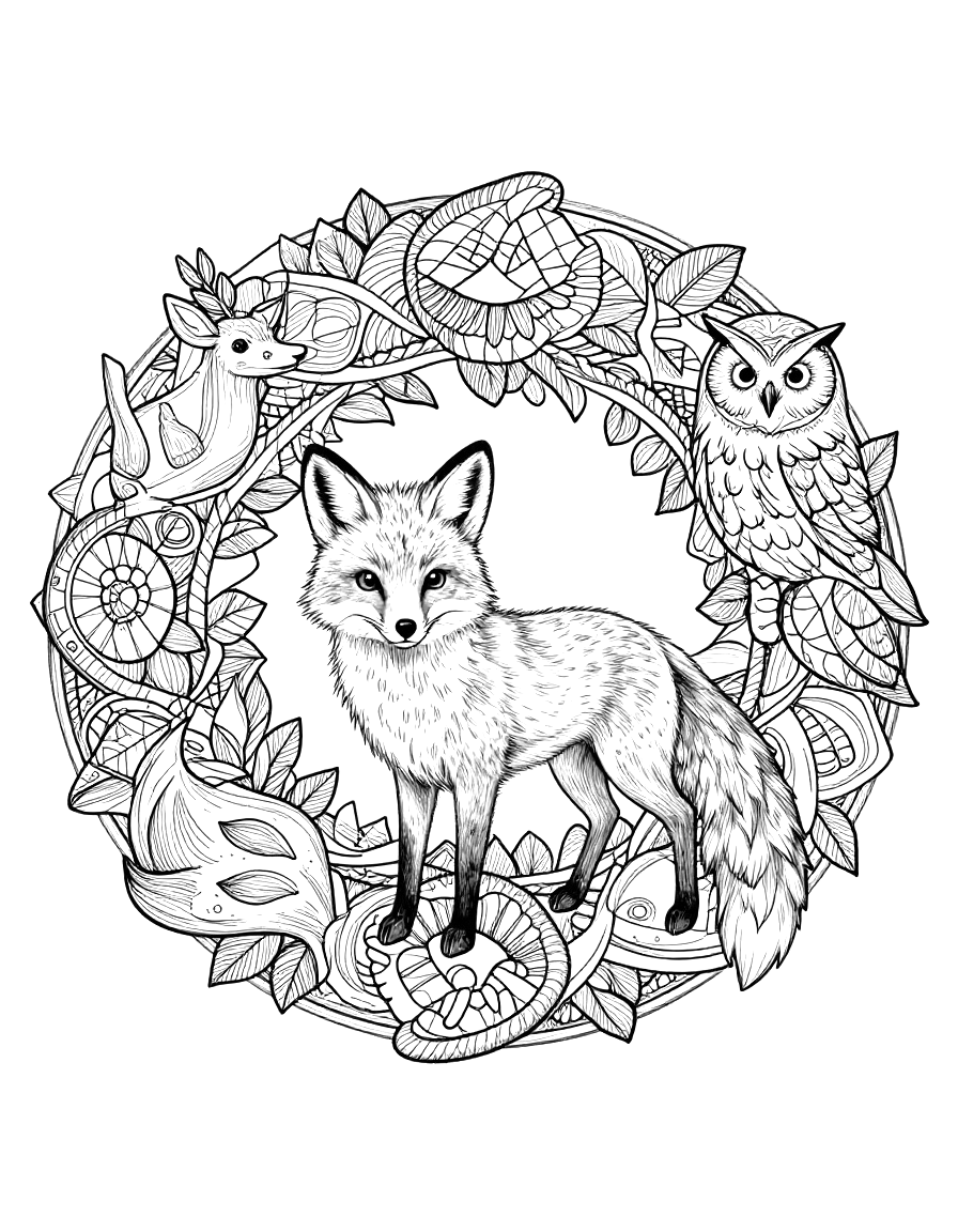 Fargeleggingsark med en sirkelrund mandala der en rev, en ugle og en hjort er flettet inn i symmetriske blomster- og bladmønstre.
