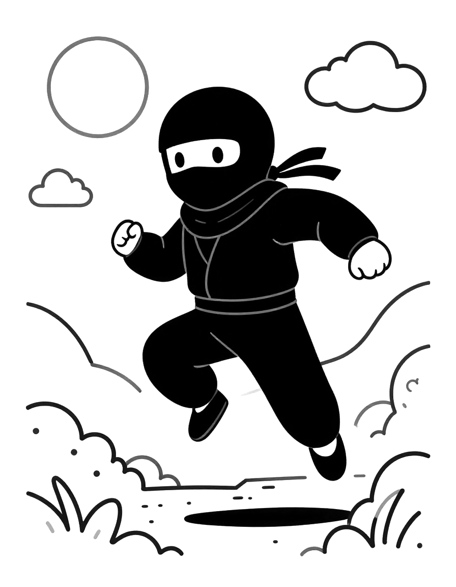 Fargeleggingsark med en ninja i hette som hopper mellom hustak under en fullmåne, med skyer og gress rundt.