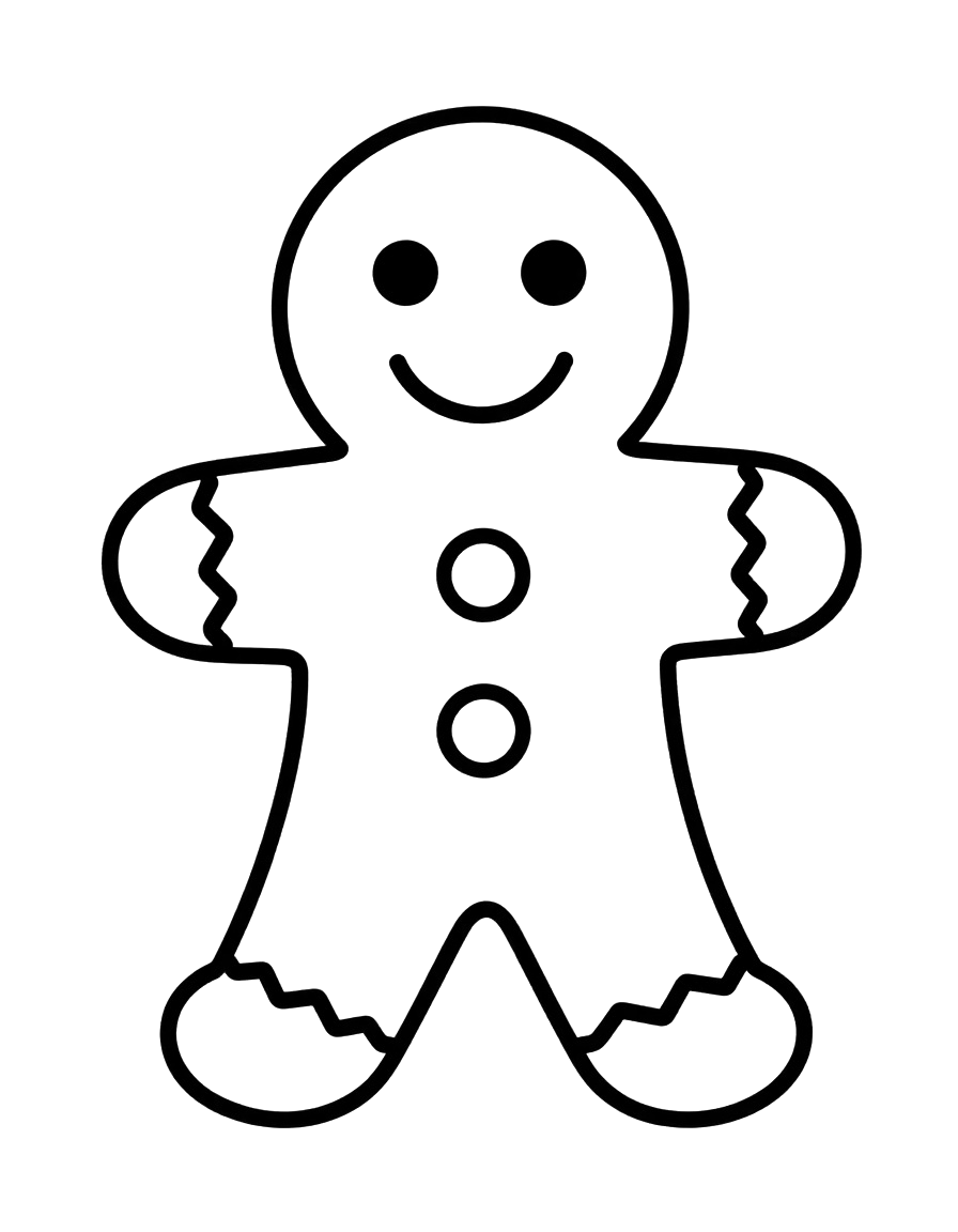 Fargeleggingsark med en stor pepperkakefigur som smiler, med runde knapper på magen og bølgete kanter på armer og bein.