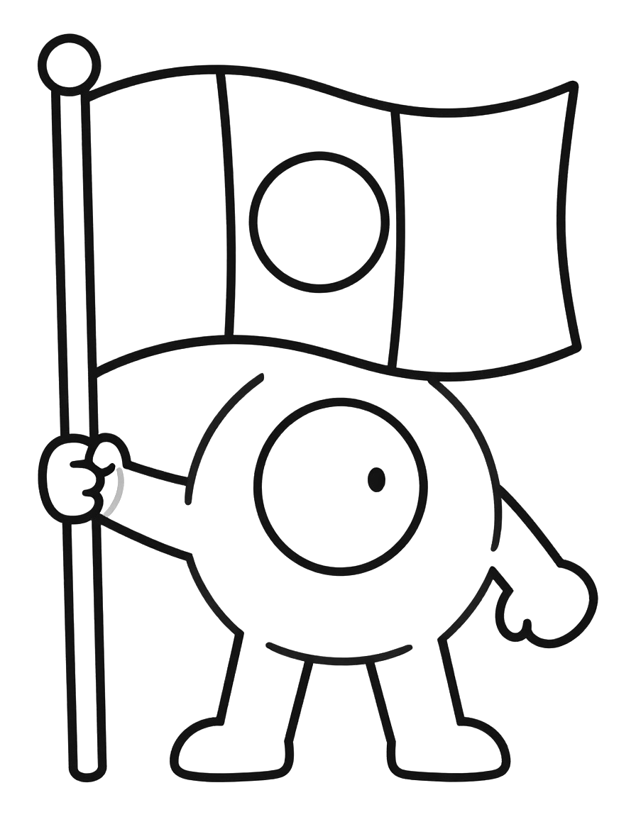 Fargeleggingsark av det samiske flagget på en stang, holdt av en rund figur med ett øye.