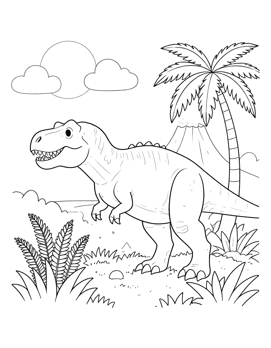 Fargeleggingsark med en brølende tyrannosaurus rex som står mellom bregner og palmer med en vulkan i bakgrunnen.