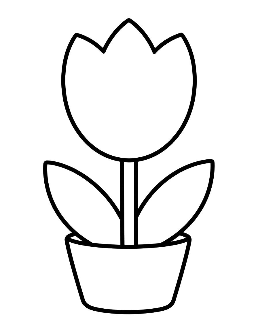 Fargeleggingsark med en stor tulipan i en liten rund potte og to blader på hver side av stilken.