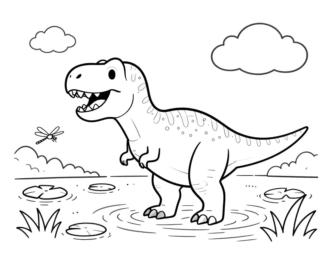 Fargeleggingsark med en glad tyrannosaurus rex som plasker i en grunn innsjø med vannliljer og øyenstikkere rundt seg.