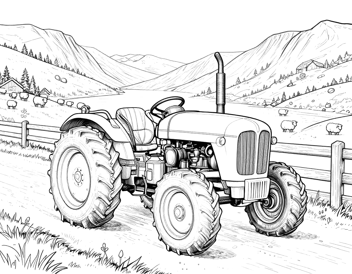 Fargeleggingsark med en detaljert veterantraktor på en norsk fjellvei, med fjord, tregjerde og sauer i bakgrunnen.