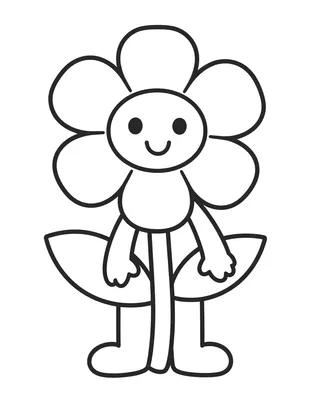 Fargeleggingsark med en stor blomst som har runde kronblader, et smilende ansikt, to blader og en tykk stengel.