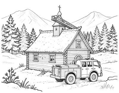 Fargeleggingsark med brannbil med hevet stige foran en norsk stavkirke, omgitt av snødekte furutrær og fjell.