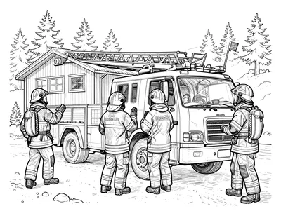 Fargeleggingsark med fire brannmenn i hjelm og verneutstyr som øver med en stigebil foran en brannstasjon av tre, med snødekt vei og grantrær rundt.