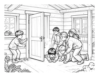 Fargeleggingsark som viser en familie som har brannøvelse hjemme og kryper lavt mot utgangsdøren i et trehus.