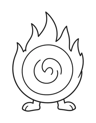 Fargeleggingsark med en stor brannslange som ligger i en ryddig spiral med munnstykke, omgitt av flammer.