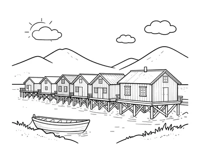 Fargeleggingsark som viser en rad gamle trehus på påler langs en havn, med småbåter foran og fjell i bakgrunnen.