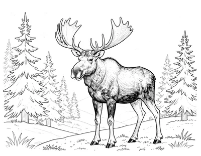 Fargeleggingsark med en majestetisk elg som står på en fjelltopp under nordlyset, omgitt av snødekte grantrær, stjerner og en fullmåne.