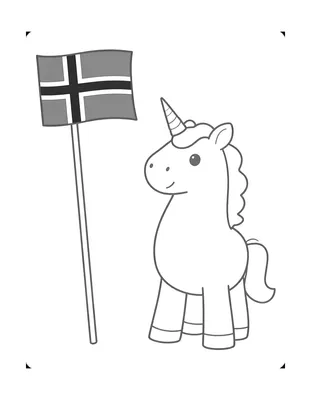 Fargeleggingsark med en liten, rund enhjørning som sitter ved siden av et norsk flagg på stang.