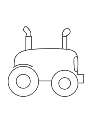 Fargeleggingsark av en enkel traktor med to store runde hjul og et lite rør, tegnet med tykke linjer.