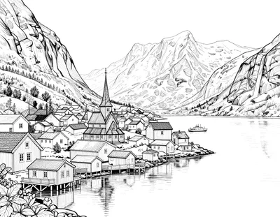 Fargeleggingsark med en norsk fjordbygd, stavkirke, foss, bratte fjell og en liten ferje på stille vann.