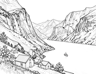 Fargeleggingsark med et dypt fjordlandskap, bratte fjell, en foss, en liten fjellgård og en ferje på vannet.