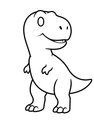 Fargeleggingsark av en stor og glad tyrannosaurus rex med smil, to øyne og små tenner som vises.