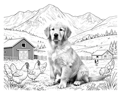 Fargeleggingsark med en golden retriever-valp som sitter på en gård med rød låve, høner og fjell i bakgrunnen.