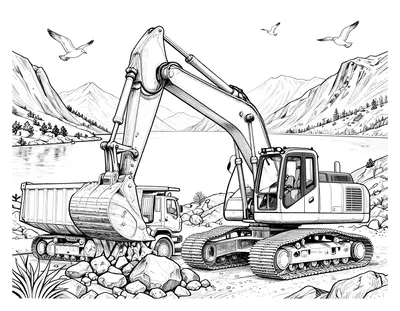 Fargeleggingsark med gravemaskin som laster knust stein i en dumper ved en norsk fjord, med fjell og måker i bakgrunnen.