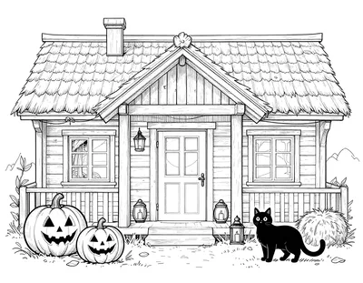 Fargeleggingsark av en koselig halloweenveranda på et norsk trehus med utskårne gresskar, lykter med stearinlys, høyballer og en svart katt.