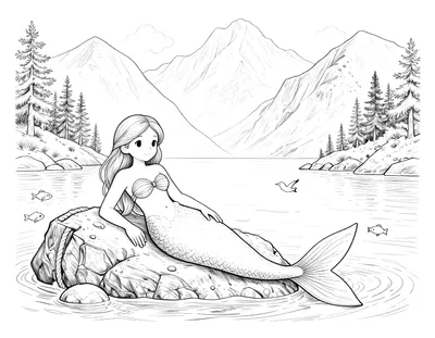 Fargeleggingsark med en havfrue som hviler på en stein i en fjord, omgitt av fjell, furutrær, måker og små fisker.