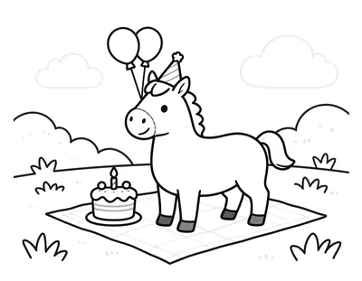 Fargeleggingsark med en smilende hest som har bursdagshatt, ballonger og en kake på et piknikteppe i en innhegning.