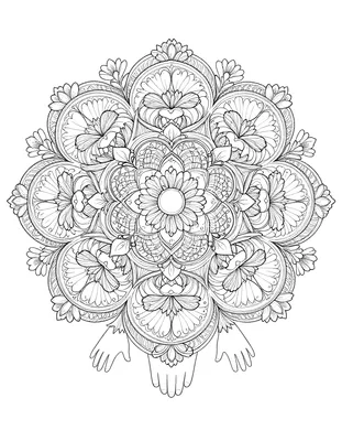 Fargeleggingsark med en hjertelignende mandala med blomster, blonder og to hender nederst.