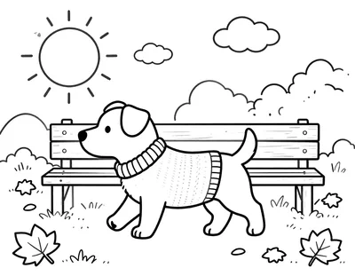 Fargeleggingsark med en hund i strikkegenser som går tur i en høstpark med fallende løv og en trebenk.