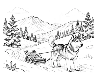 Fargeleggingsark med en husky som trekker en liten slede på en snødekt sti mellom furutrær og fjell.
