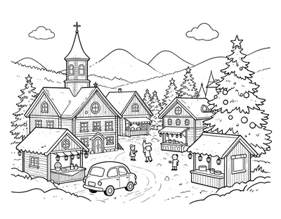Fargeleggingsark med en snødekt julelandsby med trehus, kirke, markedsboder, lykter og et pyntet juletre på plassen.