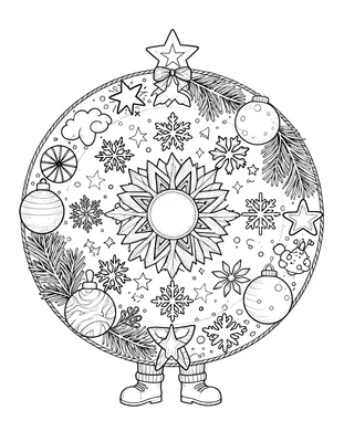 Fargeleggingsark av en rund julekule formet som mandala, fylt med snøkrystaller, stjerner, granbar og julekuler i symmetriske ringer.