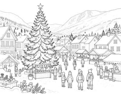 Fargeleggingsark som viser en snødekt byplass med et stort pyntet juletre, markedsboder, lykter og folk i vinterklær.