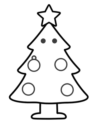 Fargeleggingsark med et stort juletre som har en femtagget stjerne på toppen og fire runde julekuler.