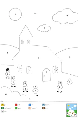 Fargeleggingsark med en liten hvit trekirke i snøen på julaften, med tente vinduer, snødekte bakker, skyer og en sol, klart til å fargelegges etter tall.