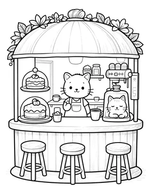 Fargeleggingsark med en liten kafé der en katt står bak disken, med kaker under glassklokker, kaffemaskin, planter og en sovende katt.