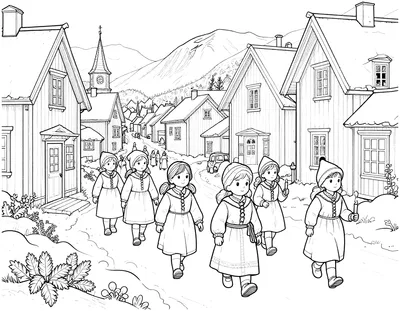 Fargeleggingsark som viser et luciatog med barn i hvite kjortler og lys som går gjennom en snødekt bygdegate med kirke og trehus.
