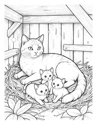 Fargeleggingsark med en mammakatt og tre kattunger som ligger i et høy på en låve, med lysstråler og støvkorn.