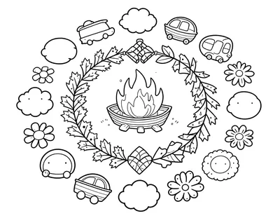 Fargeleggingsark med en sirkelformet mandala der et bål står i midten, omkranset av bjørkeløv, blomster, biler og skyer i symmetriske ringer.