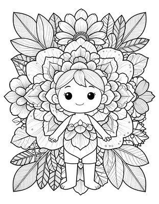 Fargeleggingsark med en rund mandala av lagdelte blomster og blader, med en liten smilende figur med blomsterkrans i midten.