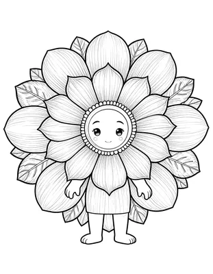 Fargeleggingsark med en rund mandala der en søt figur med ansikt og små hender står omgitt av store blomsterblad og blader.