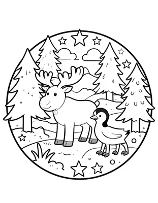 Fargeleggingsark med en rund mandala der en elg og en lundefugl står i en snødekt skog av grantrær og stjerner.