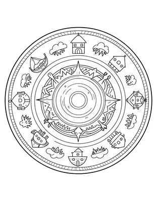 Fargeleggingsark med rund mandala som har fjord- og fjellmønstre, små vikingskip og stavkirker i symmetriske ringer.