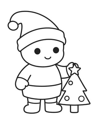Fargeleggingsark med en nisse i spiss lue som står ved et lite juletre og holder en julekule.